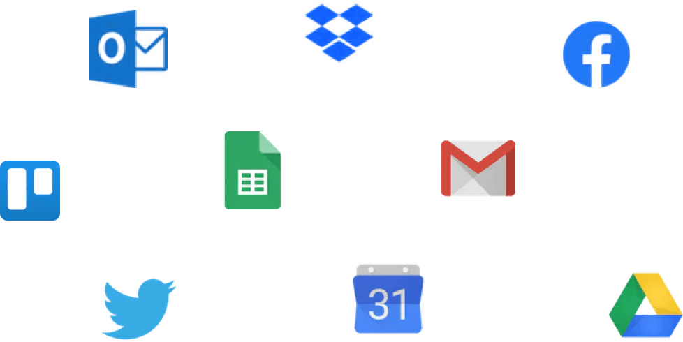 En bild med ikoner från möjliga integrationer, såsom Twitter, Gmail, Google Drive, Outlook och mer. 
