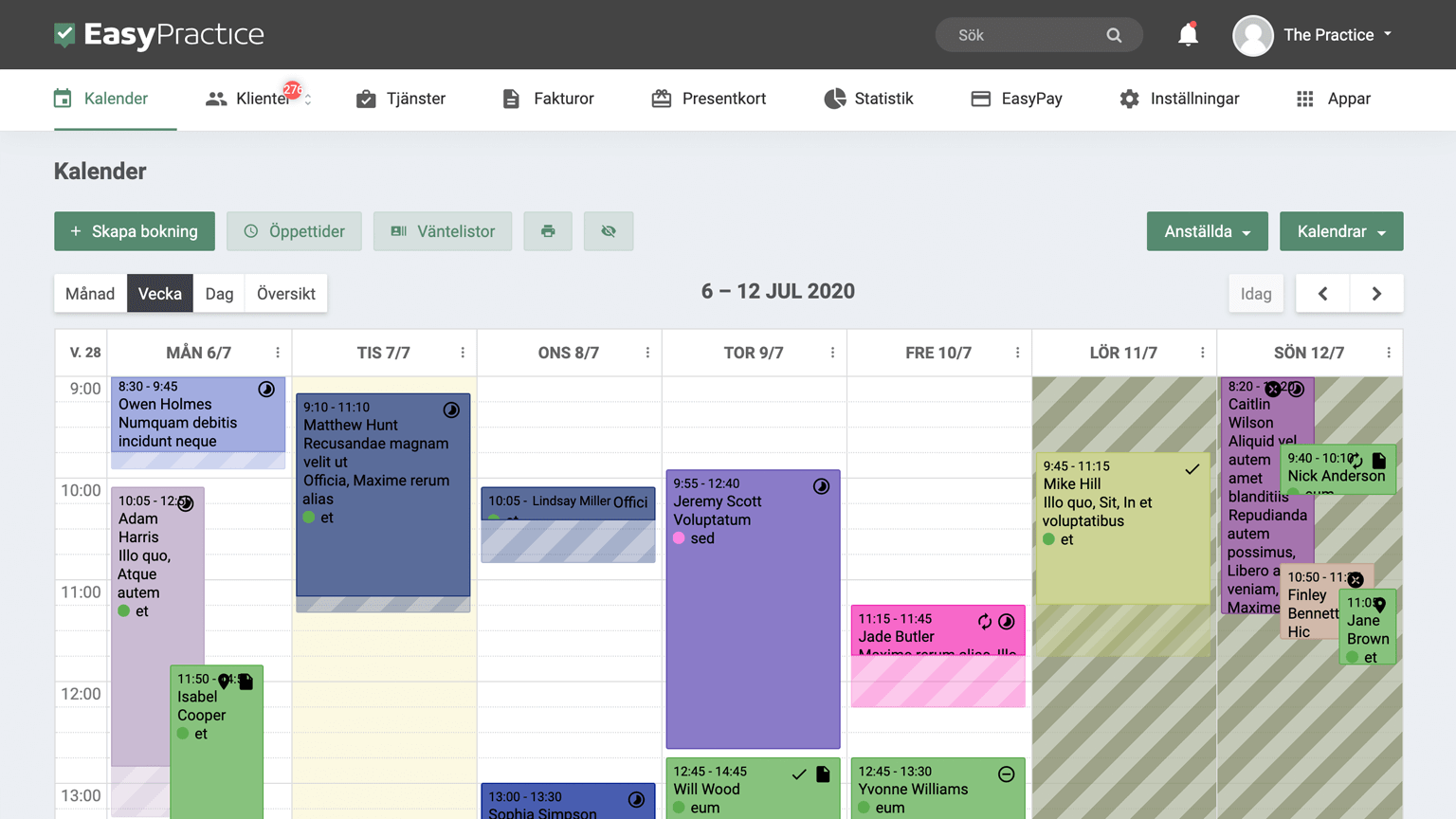 EasyPractice-kalender fylld med bokningar. 