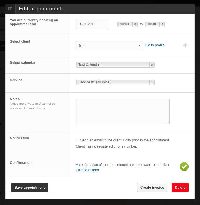 Settings for editing an appointment
