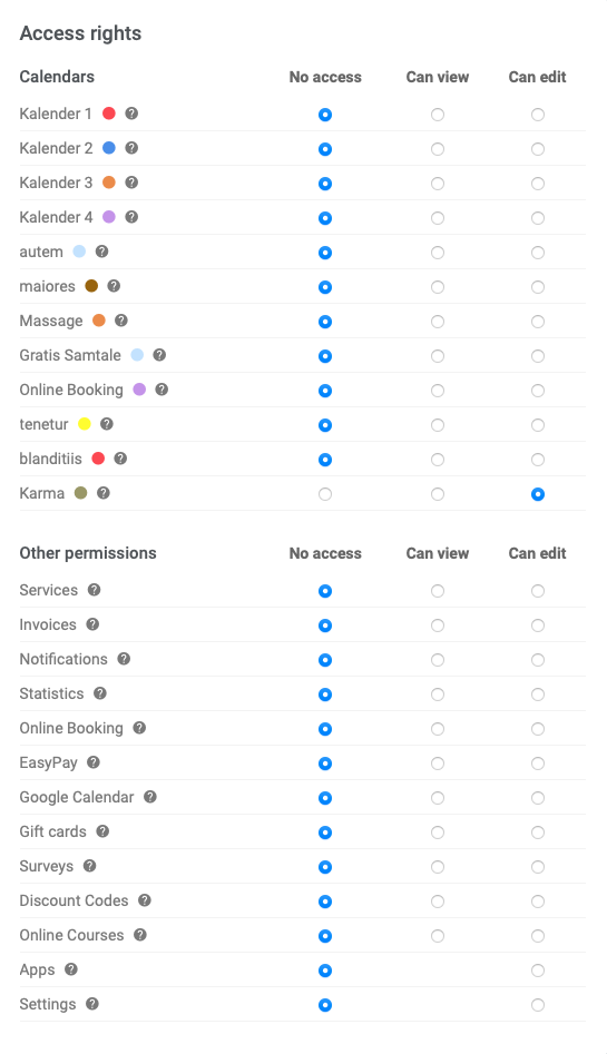 Access rights settings for different employees within the EasyPractice system