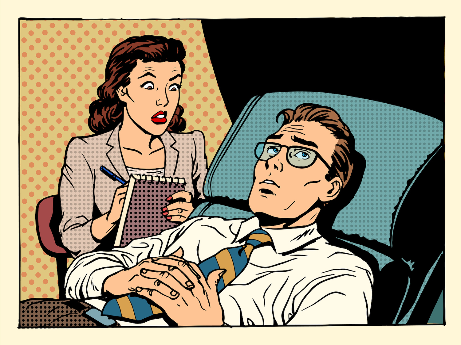 Cartoon displaying Conversational Therapist talking to a patient laying on a couch