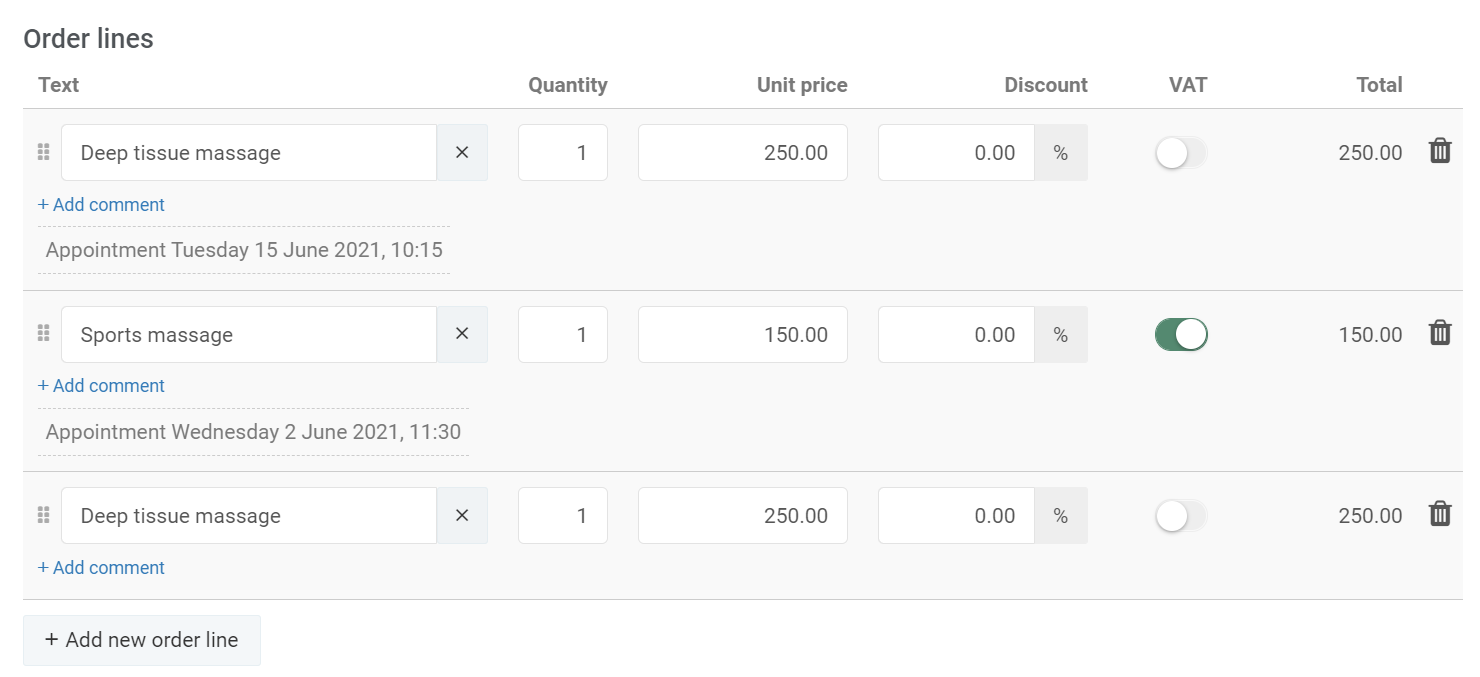 An example of invoicing multiple treatments