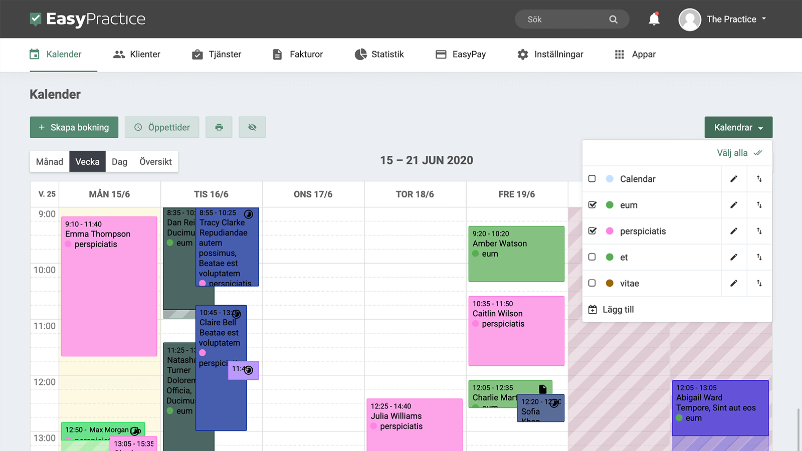 Kalender i EasyPractice med flera bokningar i olika färger