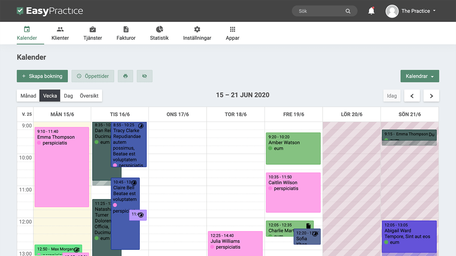 EasyPractice-kalendern med flera bokningar i olika färger