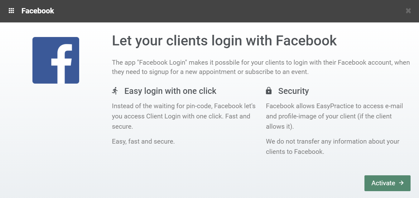 Activation of the Facebook login app