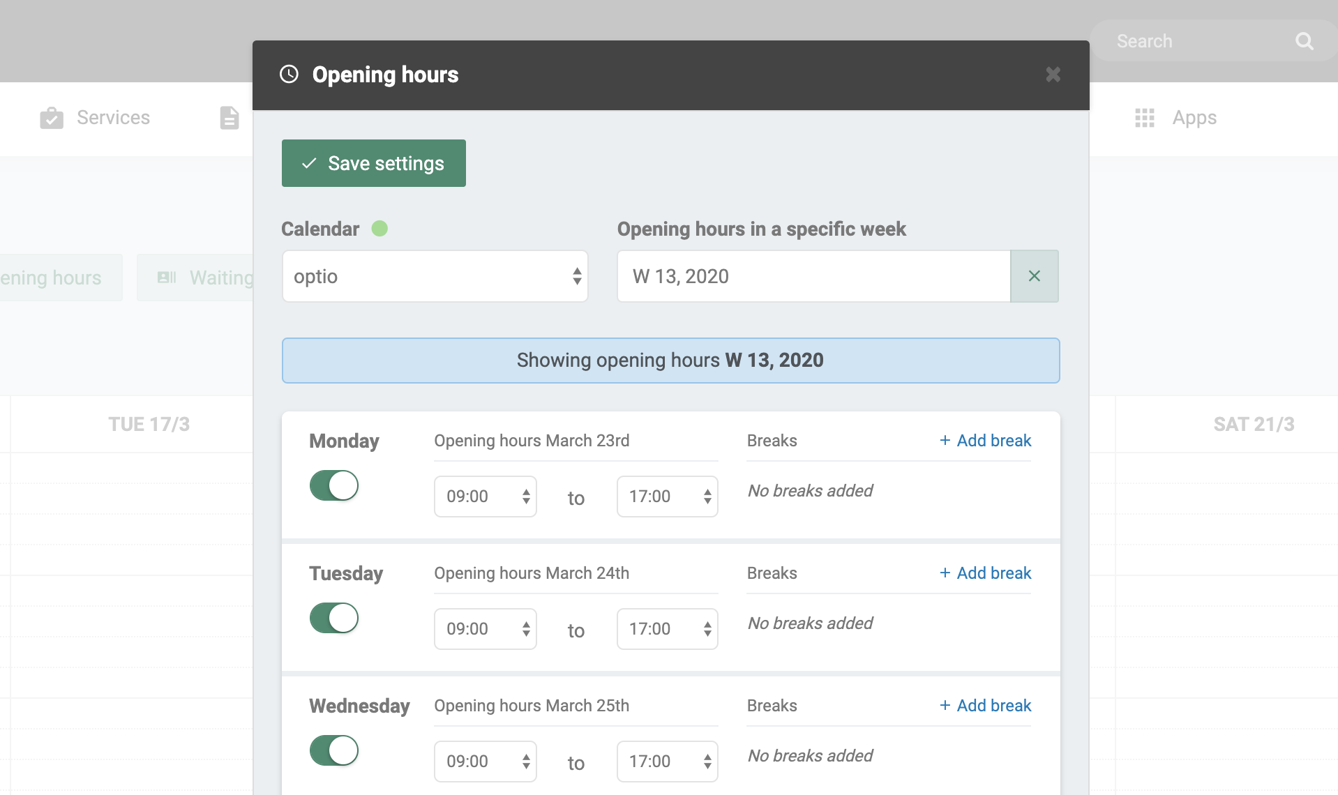 Settings for enabling clients to book a session outside normal opening hours