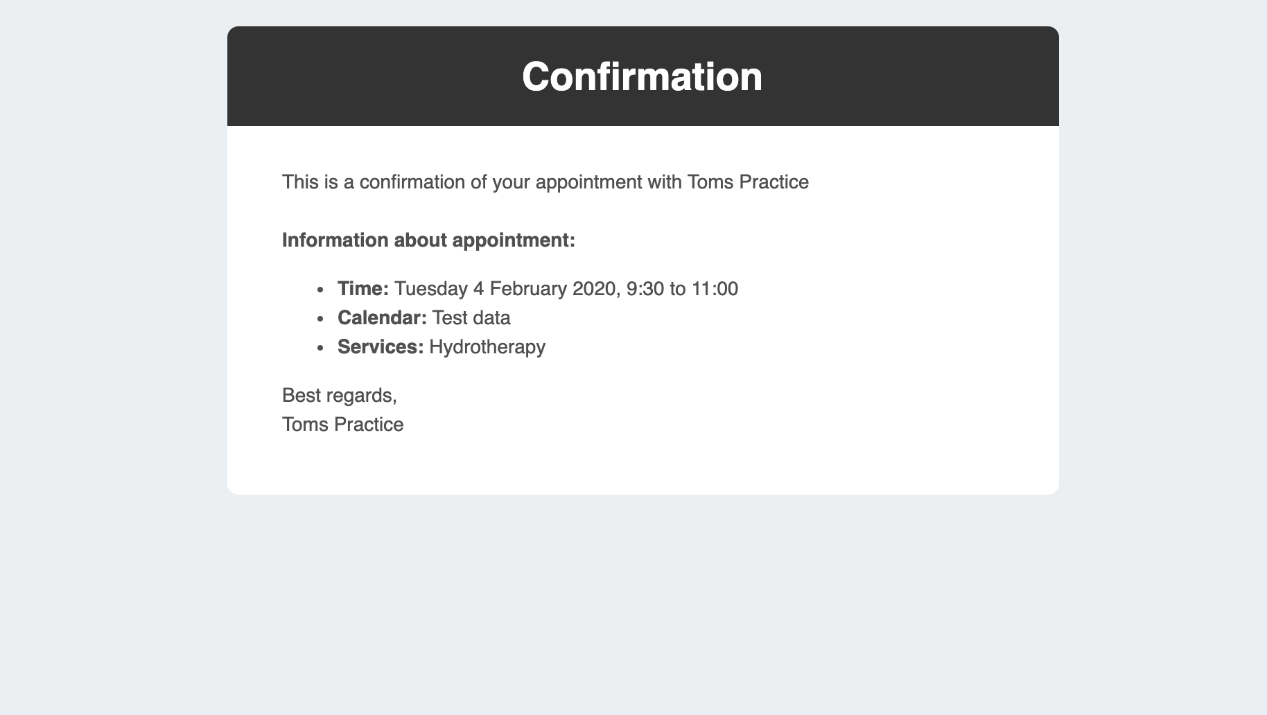 Screenshot of a confirmation email for an appointment sent to a client