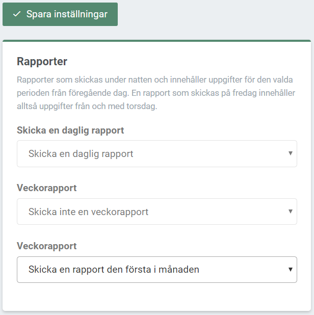 Skärmbild från Rapporter-appen som visar hur ofta du kan få en rapport