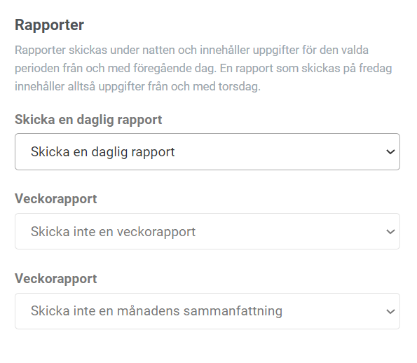 Skärmbild från Rapporter-appen och vilka inställningar du kan göra där