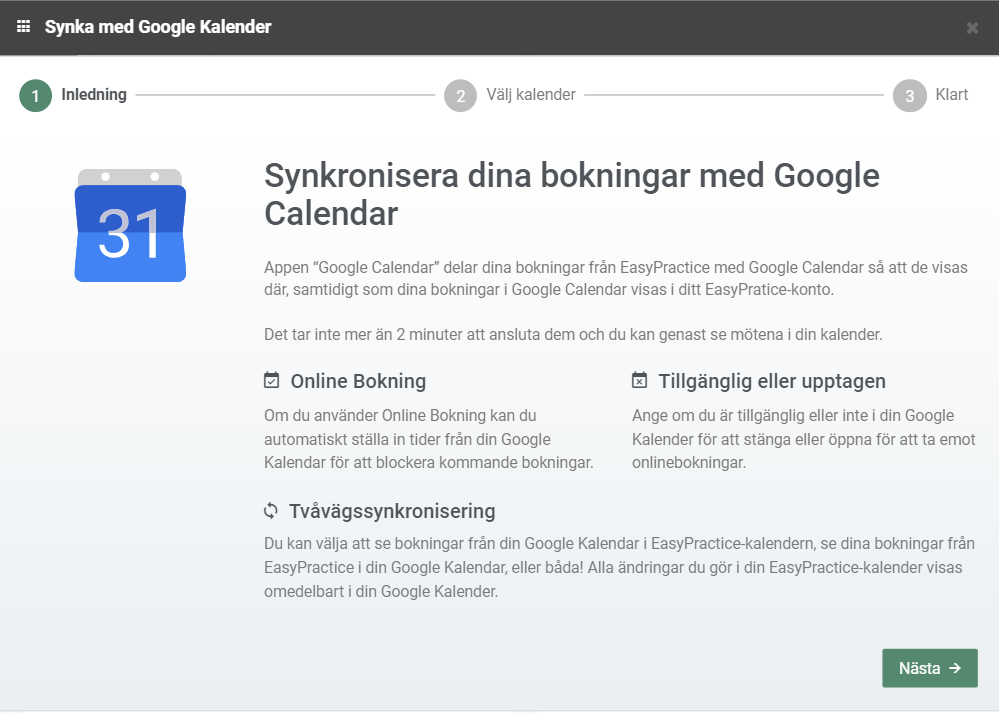 Printscreen på första installationssteget av EasyPractices Google Kalender-app