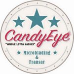 Candyeye Fransar och Bryn logo with the company name written in red and three green stars surrounding it