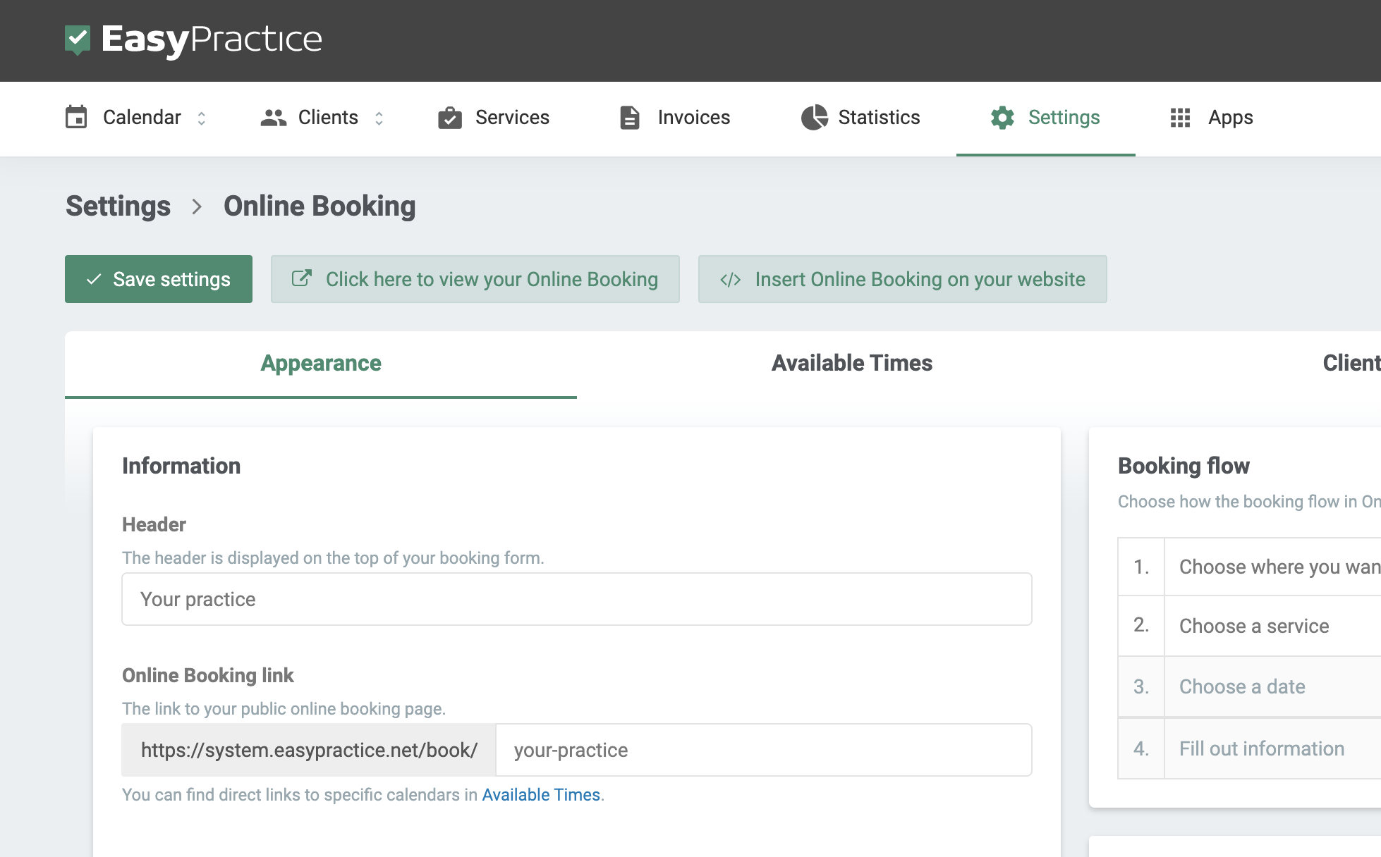 Screenshot of the online booking settings in EasyPractice