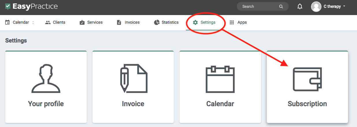 Screenshot of the subscription settings for EasyPractice