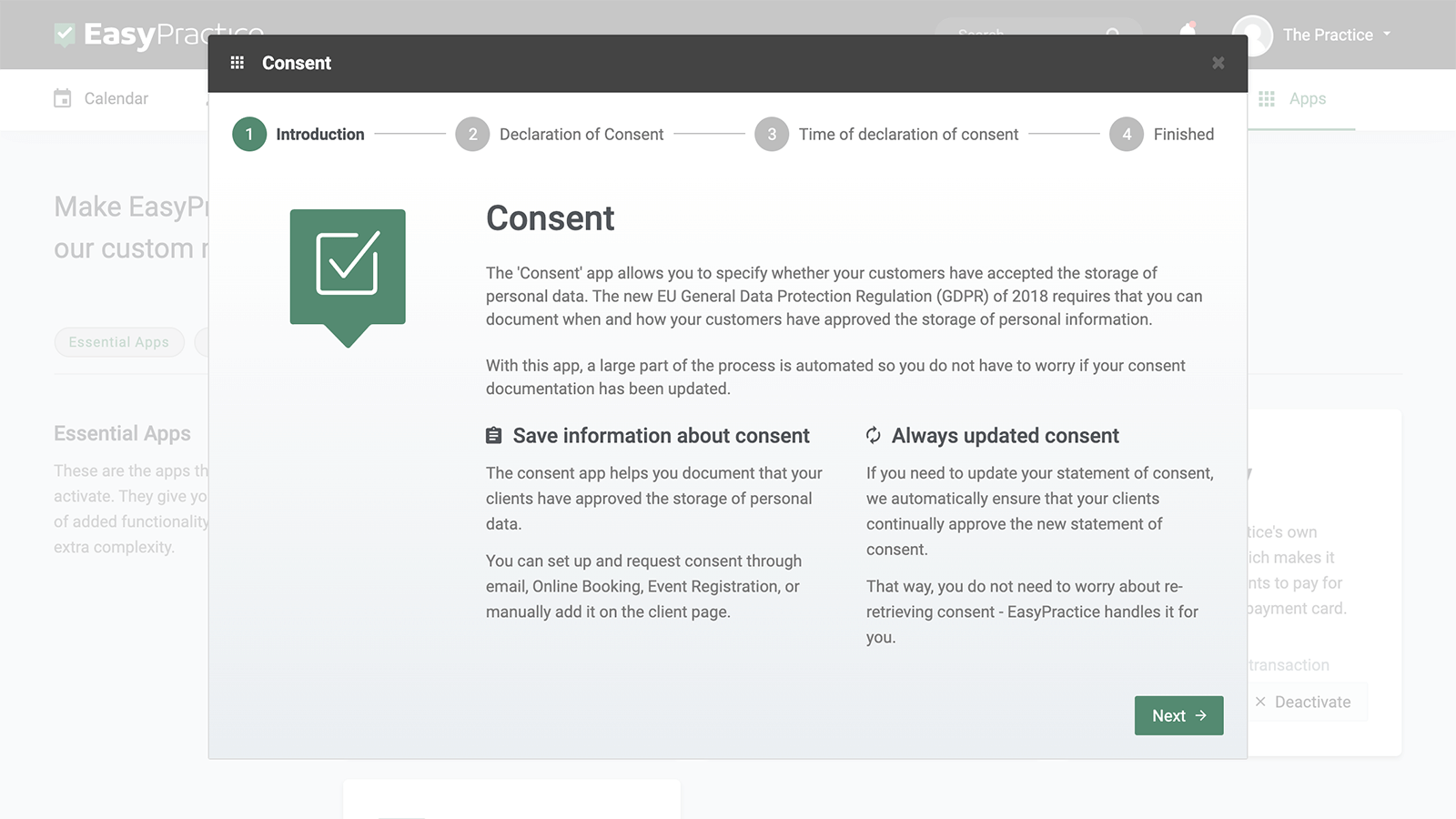 Menu for security and consent