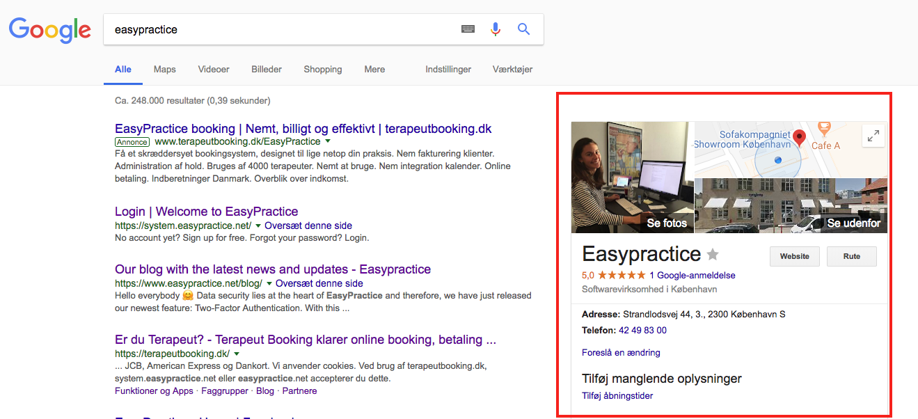 Google Search Results Page searching for EasyPractice