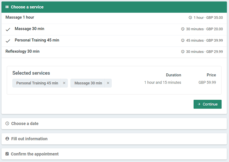 Settings for adding another service to the appointment