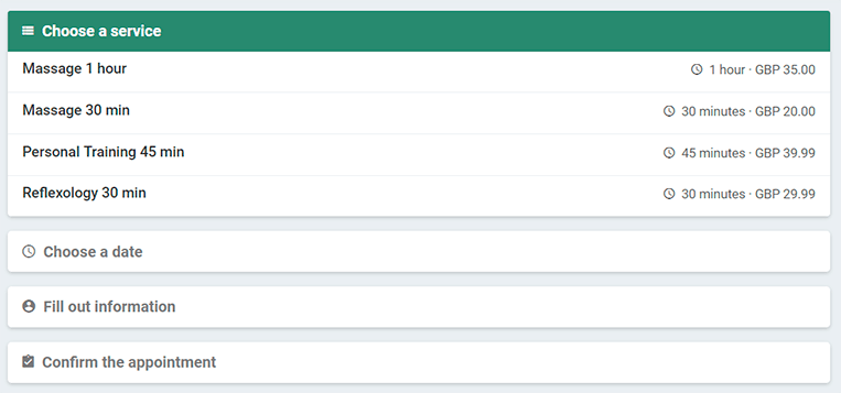 Settings for adding another service to the appointment