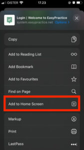 Screenshot of the safari settings page showing how to add app to home screen