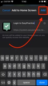 The last step of adding EasyPractice to the homescreen on ios, just click the add button