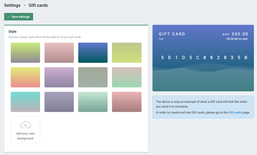 Screenshot of the settings page for giftcards on EasyPractice