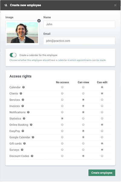 Screenshot of how to give your employees access to different things in easypractice