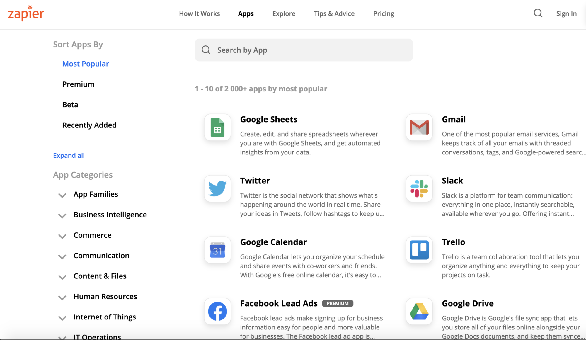 Printscreen från Zapier: Lista på appar att integrera och ett sökfält för att hitta en app. 