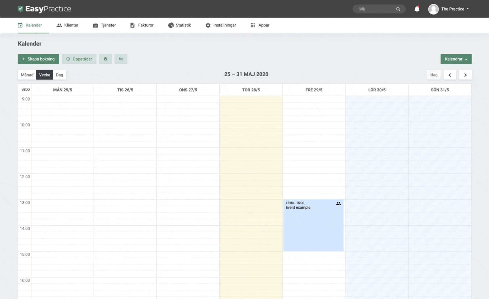 Bild på EasyPractices kalenderfunktion som visar hur det ser ut när man lägger in bokningar