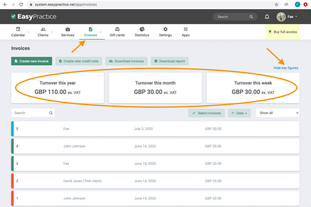 Screenshot of Key Figures in the Invoices Tab