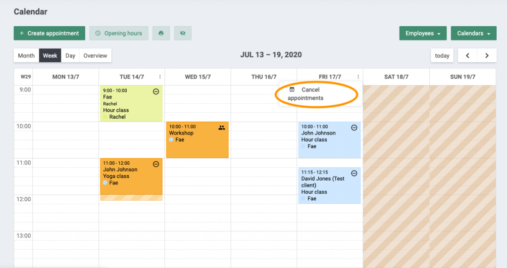 Guide for canceling a full day of appointments in the calendar