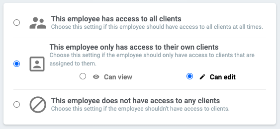 Screenshot showing where to give certain client accesses to employees.
