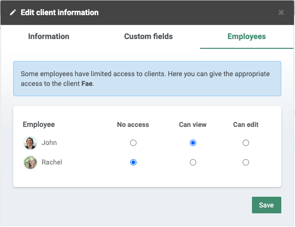 Settings for changing the permissions for each employee regarding this specific client.