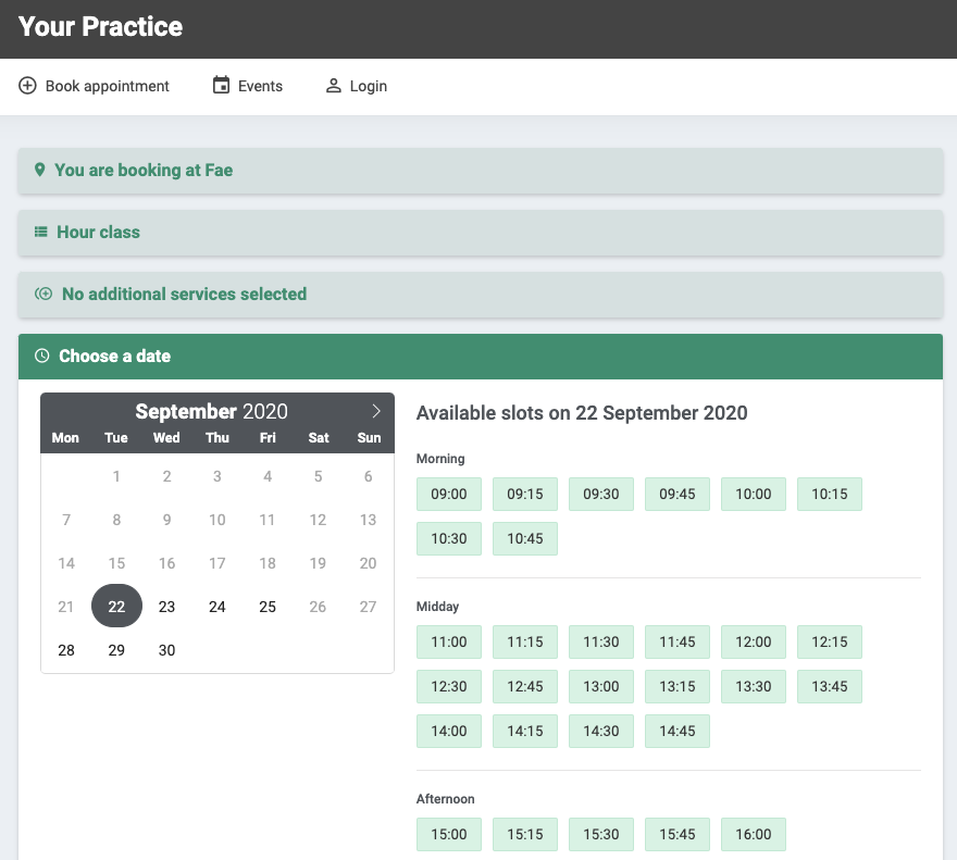 Screenshot of an online booking form from EasyPractice