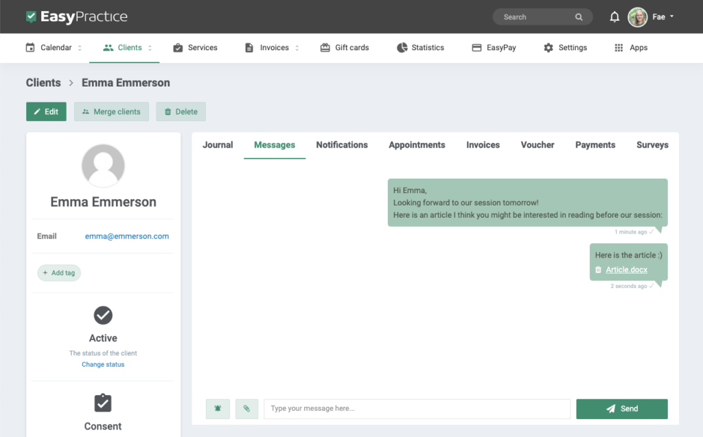 Option to send encrypted messages and files to clients inside the EasyPractice system.