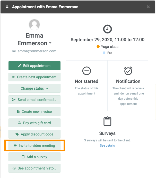 Settings for creating an appointment with a client and choosig to invite them to a video meeting.