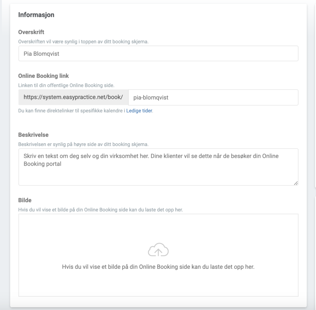 Informasjon som vises på Online Booking-siden 