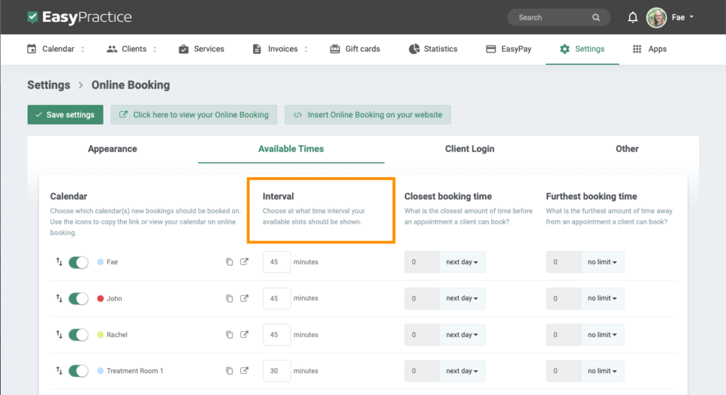 Screenshot of the "Interval" function in the EasyPractice settings.