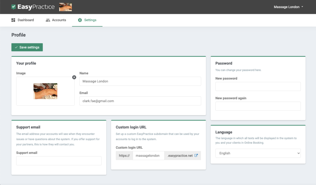 Overview of a profile in EasyPractice as a Partner account