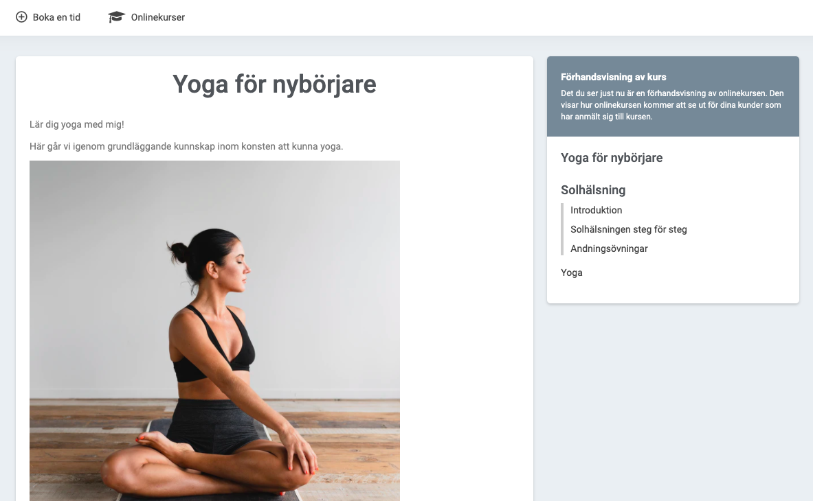 Ett exempel på hur en onlinekurs kan se ut t.ex. "yoga för nybörjare" med bild på en kvinna som gör yoga
