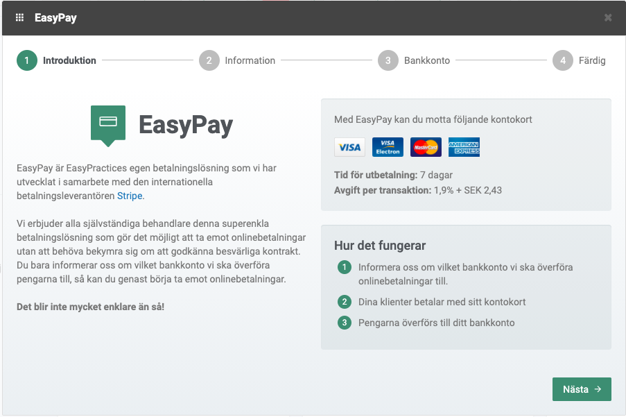 Skärmavbild med EasyPay och hur du aktiverar denna app på ditt EasyPractice konto