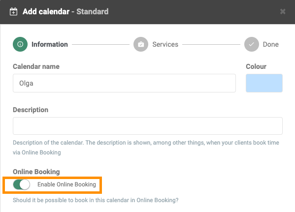 Option to enable online booking for clients