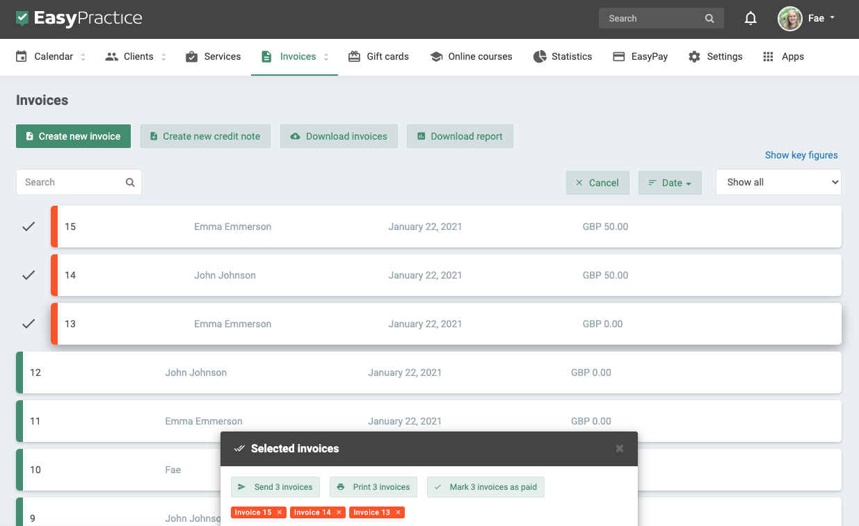Screenshot of the overview for all invoices of several clients 