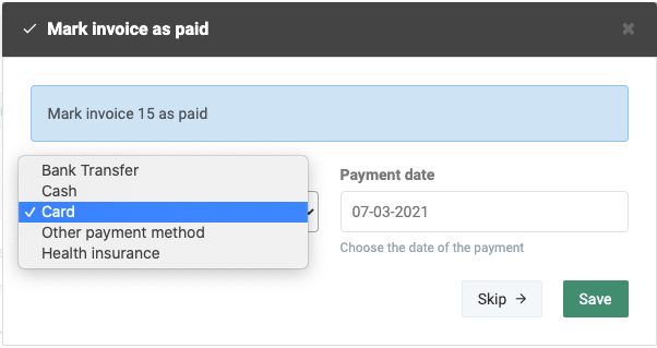 Option to mark invoices as paid.