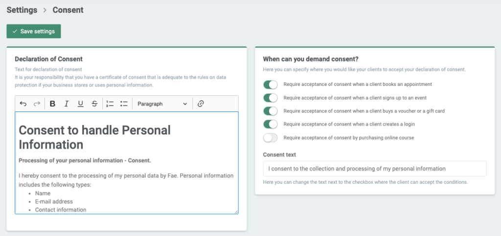 Settings menu to update or change  content about the handling of clients personal information and collect consent digitally.