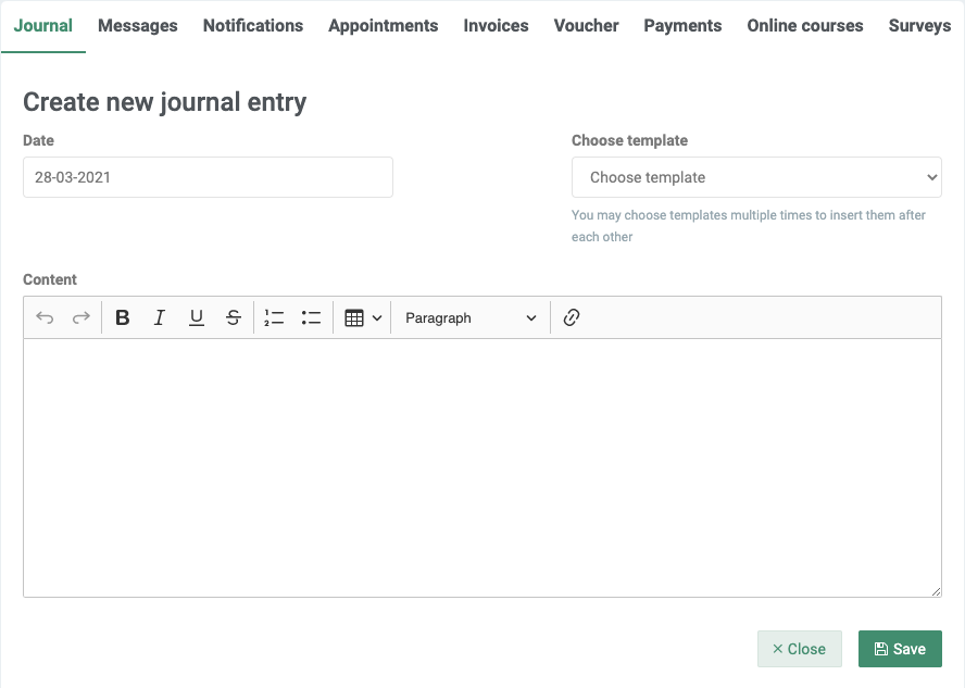 Menu for creating a new journal entry for a client 