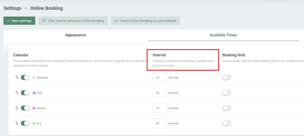 Change interval and booking limits in your booking system 