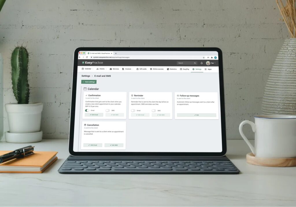 A tablet displaying the EasyPractice account settings 