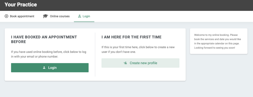 Overview of a practice website using EasyPractice displaying how it looks for clients