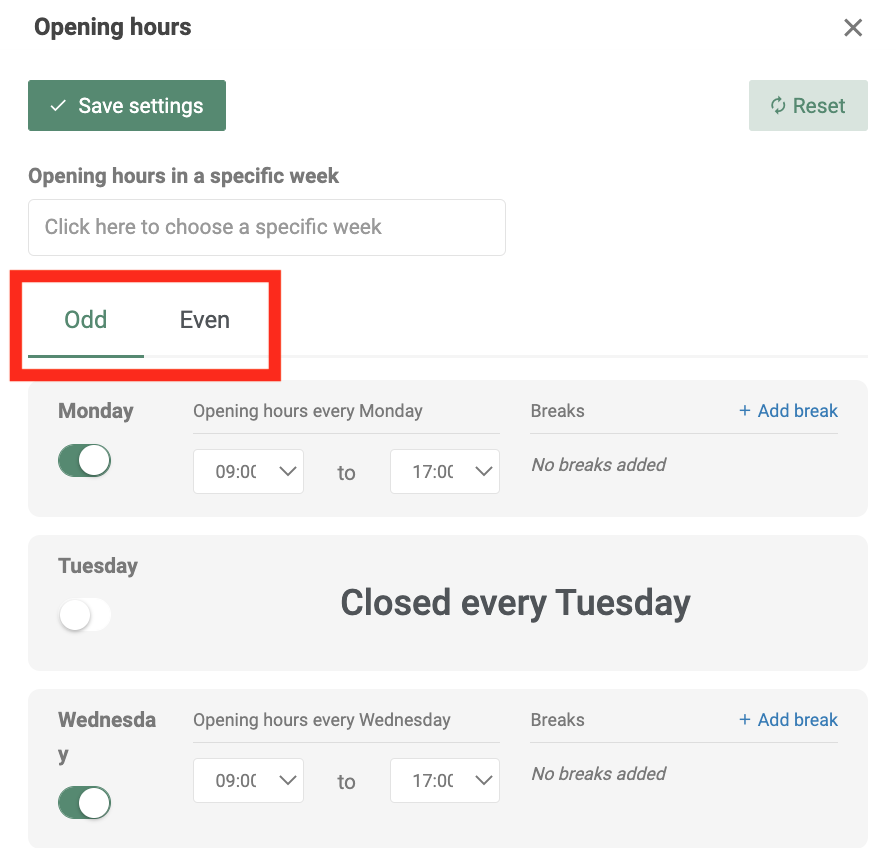 Settings for separate opening times