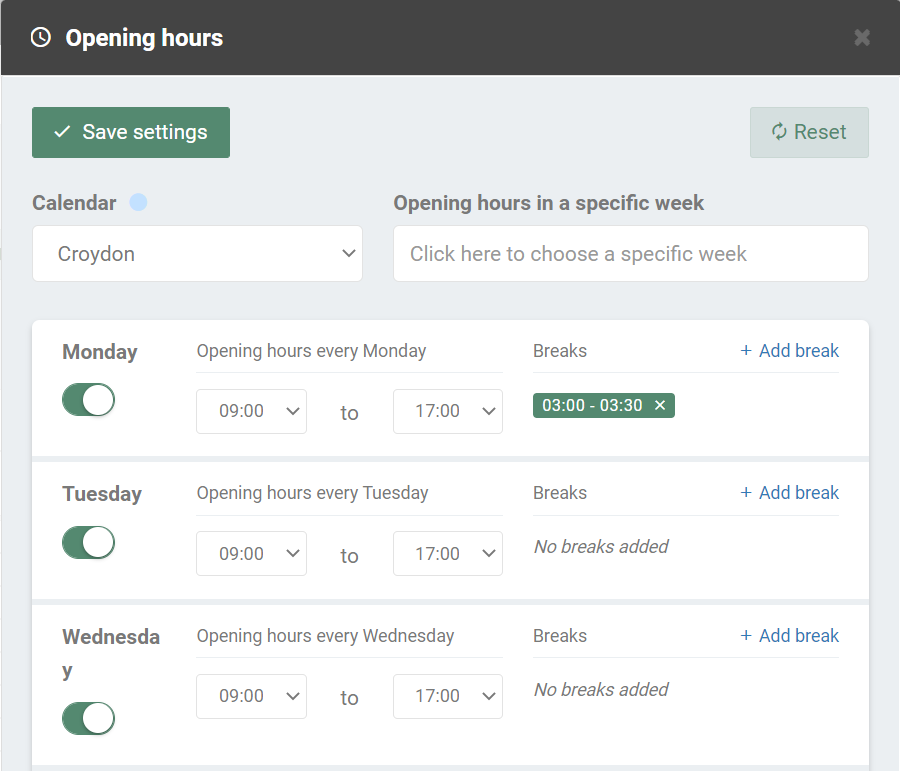 Opening hours settings