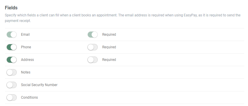 Option menu whether or not it should be obligatory for clients to fill in the fields.